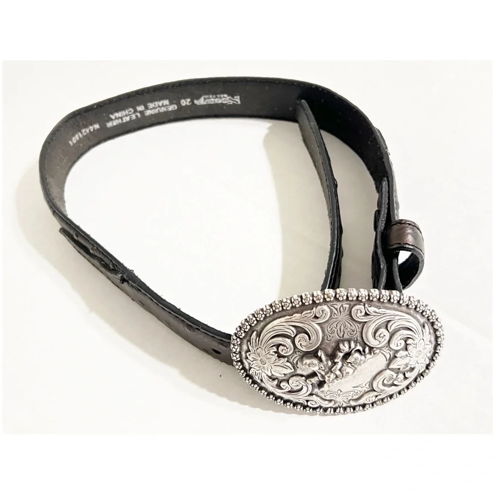 Nocona Boys Aces Buckle Western Dark Brown Belt Ornate Silver Buckle Ostrich